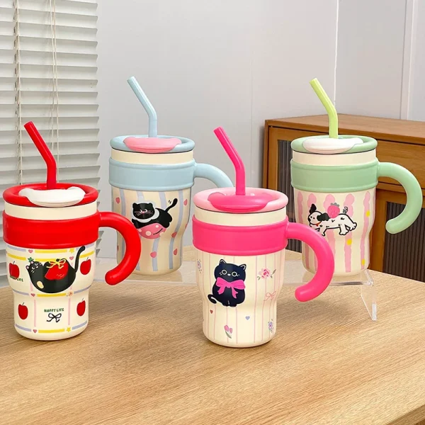 700ML/1.2L Tumbler with Handle Lid Straw Cute Cat thermos Cup Stainless Steel Water Bottle Outdoor Travel Car Coffee Mug Gift 3