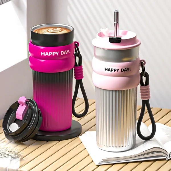 500ML Coffee Cup With Straw Stainless Steel Thermos Coffee Mug With Rope Thermo Bottle For Girls Vacuum Flasks Travel Mug Gifts 1