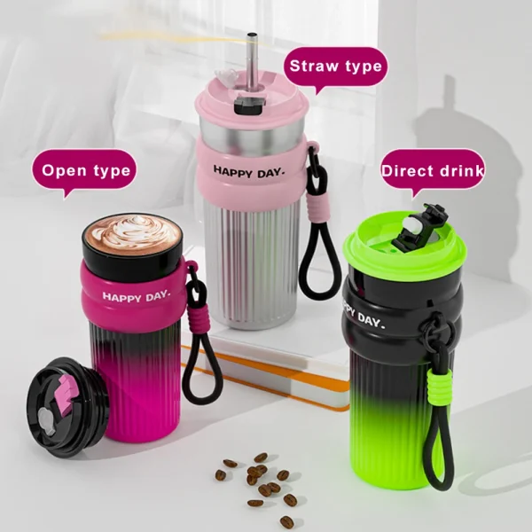 500ML Coffee Cup With Straw Stainless Steel Thermos Coffee Mug With Rope Thermo Bottle For Girls Vacuum Flasks Travel Mug Gifts 2