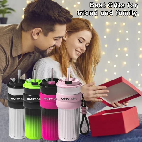 500ML Coffee Cup With Straw Stainless Steel Thermos Coffee Mug With Rope Thermo Bottle For Girls Vacuum Flasks Travel Mug Gifts 6
