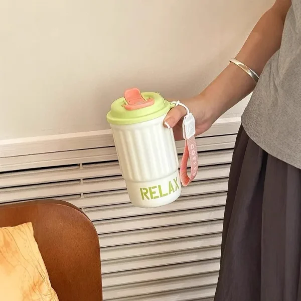 Stainless steel thermos cup double drink coffee cup men and women fashion student water cup carrying rope children's cup 2