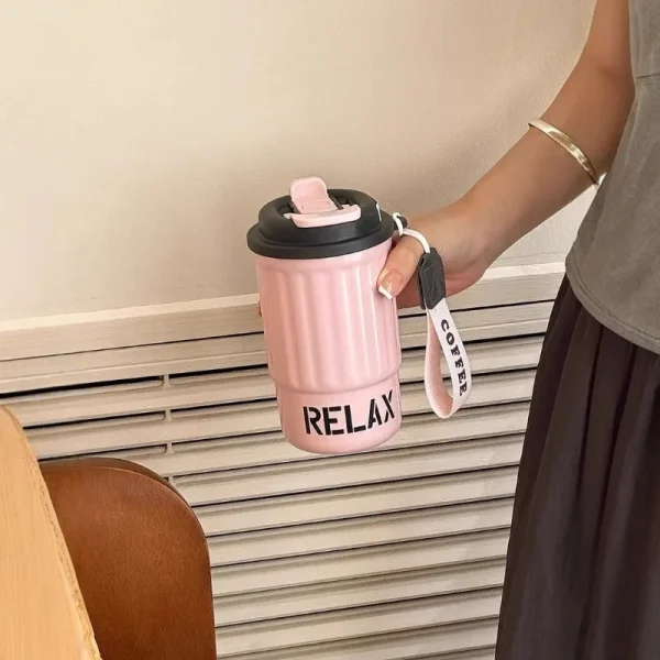 Stainless steel thermos cup double drink coffee cup men and women fashion student water cup carrying rope children's cup 4