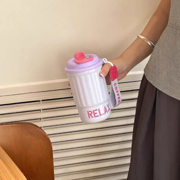 Stainless steel thermos cup double drink coffee cup men and women fashion student water cup carrying rope children's cup 5