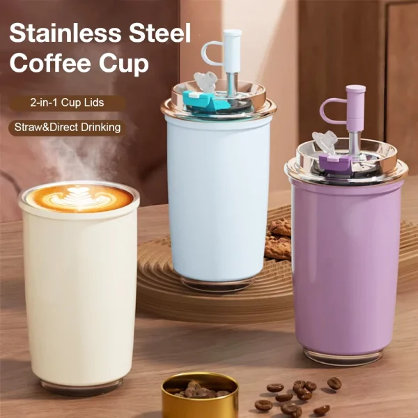 300ML Stainless Steel Coffee Cup With Straw Travel Insulated Water Bottle For Tea Coffee Mugs Leakproof Thermos Mug BPA Free 1