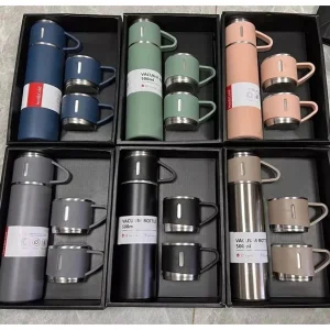 New 304 Stainless Steel Vacuum Insulated Bottle Gift Set Kit Coffee Mug Garrafa Térmica Vacuum Flask Set 500ml Com 3 Xícaras 1