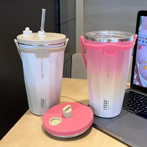 Tyeso New Gradient Color Thermos Cup With Straw 304 Stainless Steel Ice Coffee Thermal Mug Large Capacity Cold Drink Vacuum Cup 1