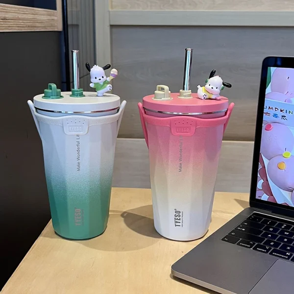 Tyeso New Gradient Color Thermos Cup With Straw 304 Stainless Steel Ice Coffee Thermal Mug Large Capacity Cold Drink Vacuum Cup 3