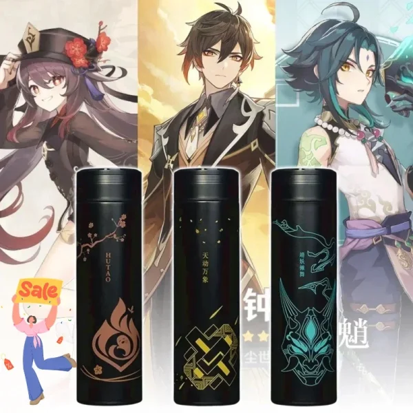 Genshin Vacuum Flask Water Bottles LED Temperature Display Stainless Steel Coffee Mugs Game Zhongli Xiao Anime Thermos Cups 1
