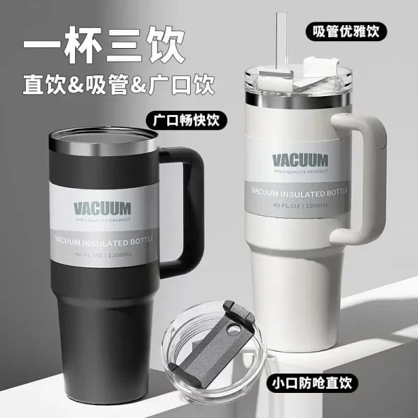 40 oz stainless steel travel mug with straw, keeps drinks hot or cold, perfect for car use 2