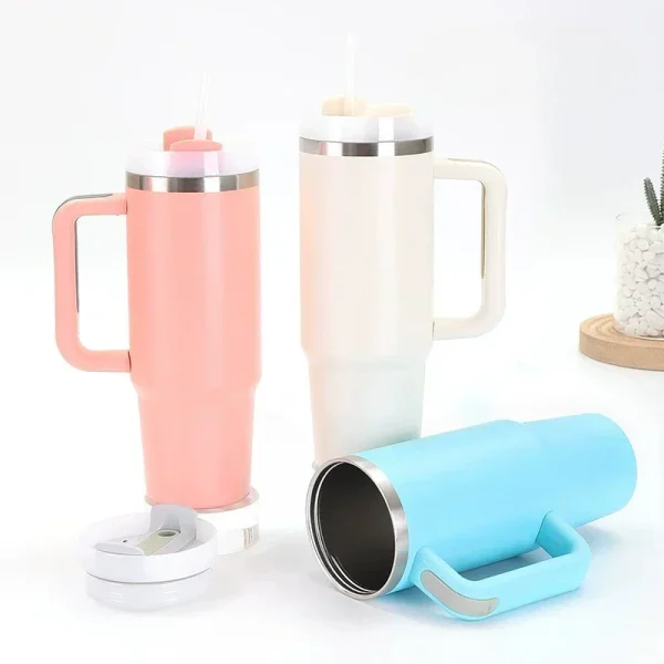 30oz/40oz Thermos Coffee Cups with Handle Straw Car Mug Travel Cup Thermal Iced Vacuum Insulated Stainless Steel Water Bottles 5