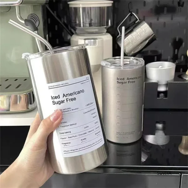 Double -layer Stainless Steel Coffee Cup Thermos Cooler Straw Cup Portable Reusable Ins Ice Coffee Mug Keep Cold Water Bottle 1