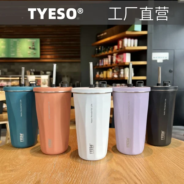 Custom Tyeso 600ml Vacuum Insulated Coffee Cup with Straw Thermos Mug Leak-Proof Thermos Bottle Travel Thermal Vacuum Flask Cup 5