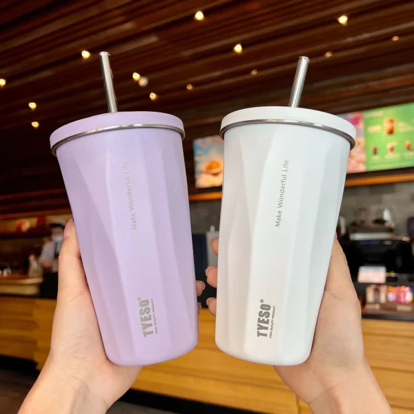 Custom Tyeso 600ml Vacuum Insulated Coffee Cup with Straw Thermos Mug Leak-Proof Thermos Bottle Travel Thermal Vacuum Flask Cup 6