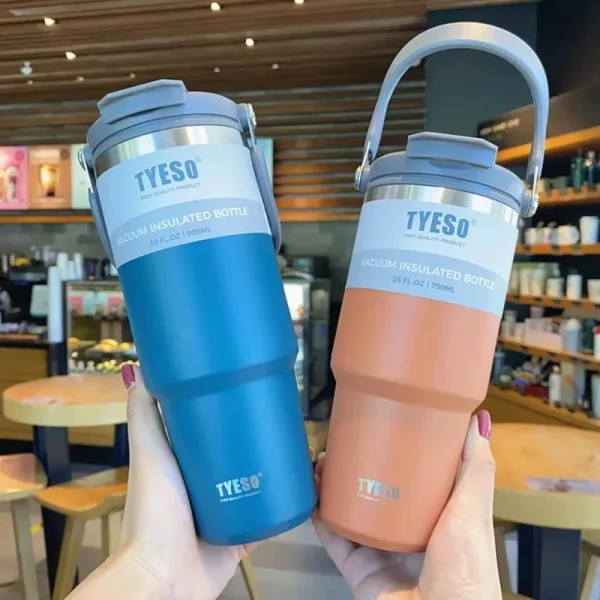 Tyeso Coffee Cup Thermos Bottle Stainless Steel 900ml Portable Car Cup Stainless Sports Water Bottle with Handle Cover Vacuum St 2
