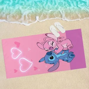 Lilo & Stitch Themed Pink Beach Towel: Cuddle Up with Stitch and Angel! Suitable for towels, bath towels, beach towels, gifts 1