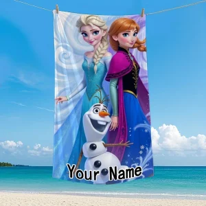 Personalized Frozen Beach Towel: Elsa, Anna & Olaf Design Suitable for beach towels, towels, bath towels 1