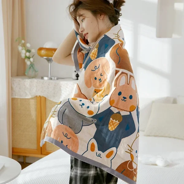 Kawaii cotton gauze bath towel for adult skin-friendly easily absorbent quick-drying children cartoon large towel 70x140cm 4