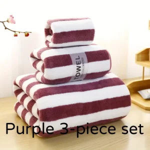 3Pcs Coral Velvet Thickened Towel and Bath Towel Set Striped Soft and Absorbent Suitable for Home Gym Face Washing Towels 1