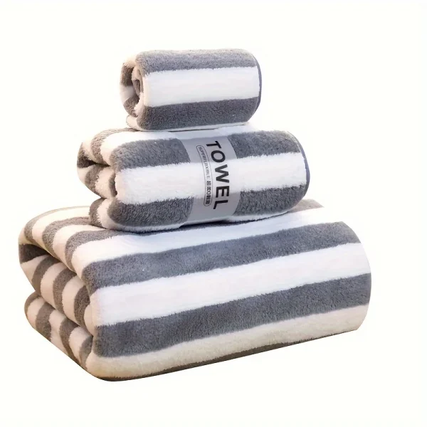 3Pcs Coral Velvet Thickened Towel and Bath Towel Set Striped Soft and Absorbent Suitable for Home Gym Face Washing Towels 3