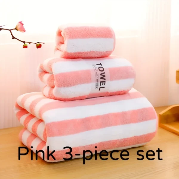 3Pcs Coral Velvet Thickened Towel and Bath Towel Set Striped Soft and Absorbent Suitable for Home Gym Face Washing Towels 4