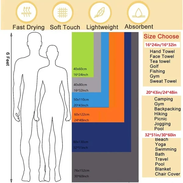 Camping Towels Super Absorbent Fast Drying Microfiber Travel Towel Quick Dry Ultra Soft Compact Gym Towel for Swimming Beach 6