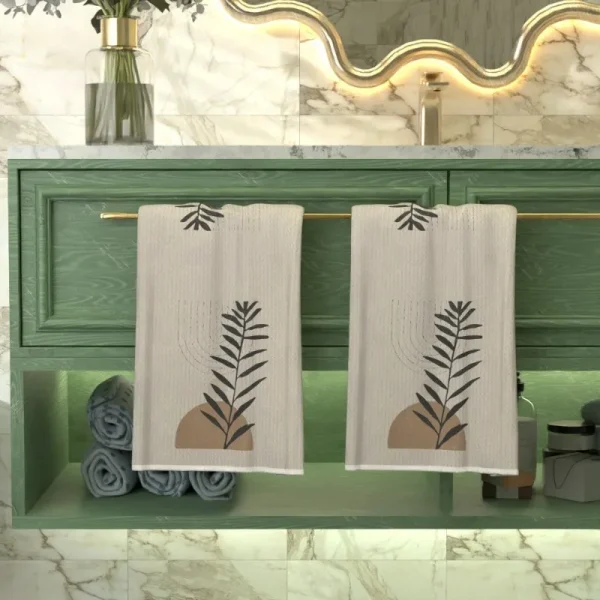 2 soft towels with abstract art plant patterns, stylish beige and black leaf designs, suitable for kitchens, bathrooms, or gyms 4