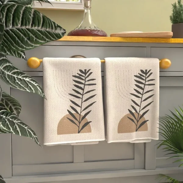 2 soft towels with abstract art plant patterns, stylish beige and black leaf designs, suitable for kitchens, bathrooms, or gyms 6