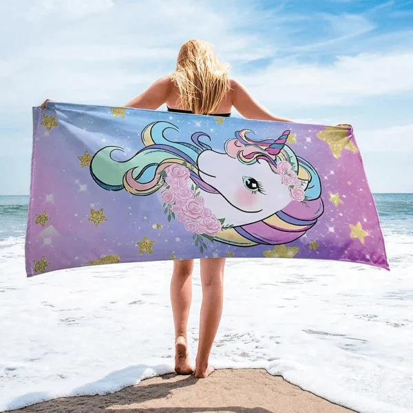 1PC Cartoon Unicorn Pattern Beach Towel, Lightweight, Absorbent, Large Size, for Bathing, Outdoor,Travel, Beach Accessories 2