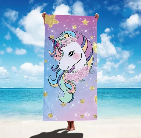 1PC Cartoon Unicorn Pattern Beach Towel, Lightweight, Absorbent, Large Size, for Bathing, Outdoor,Travel, Beach Accessories 3