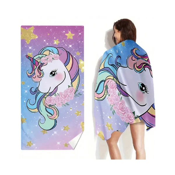 1PC Cartoon Unicorn Pattern Beach Towel, Lightweight, Absorbent, Large Size, for Bathing, Outdoor,Travel, Beach Accessories 4