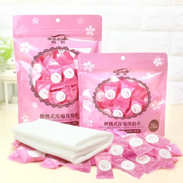 50pcs Mini Portable Travel Dry Compressed Coin Disposable Face Towel Baby Wipes Tablet Travel Tissue Cleansing Face Papper 2
