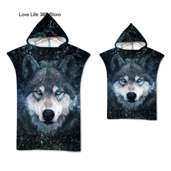 Wolf Large Beach Towel Bath Towel Quick Dry Towels Hooded Cloak Wetsuit Adult Child Parent-Child Poncho Bathrobe for Swim Surf 2