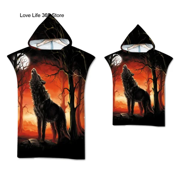 Wolf Large Beach Towel Bath Towel Quick Dry Towels Hooded Cloak Wetsuit Adult Child Parent-Child Poncho Bathrobe for Swim Surf 3