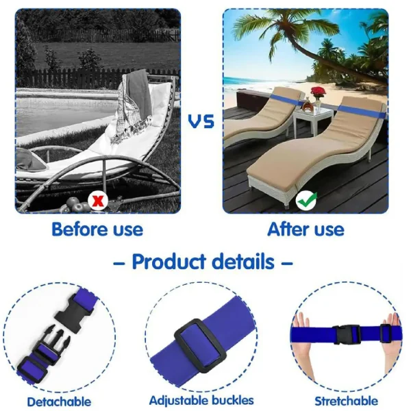 2x Beach Chairs Extendable Towel Bands Towel Holder Clips Portable Multifunction Accessories Replacement for Holiday Beach 3
