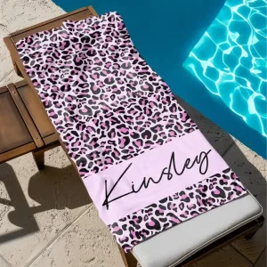 Custom Leopard Name Beach Towel, Personalized Monogram Pool Towel, Signature Beach Towel For Kids, Vacation Gift, Picnic Towel 1