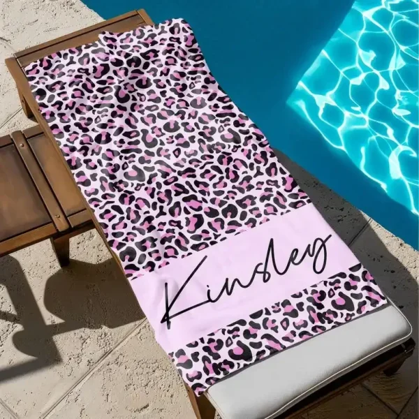 Custom Leopard Name Beach Towel, Personalized Monogram Pool Towel, Signature Beach Towel For Kids, Vacation Gift, Picnic Towel 1