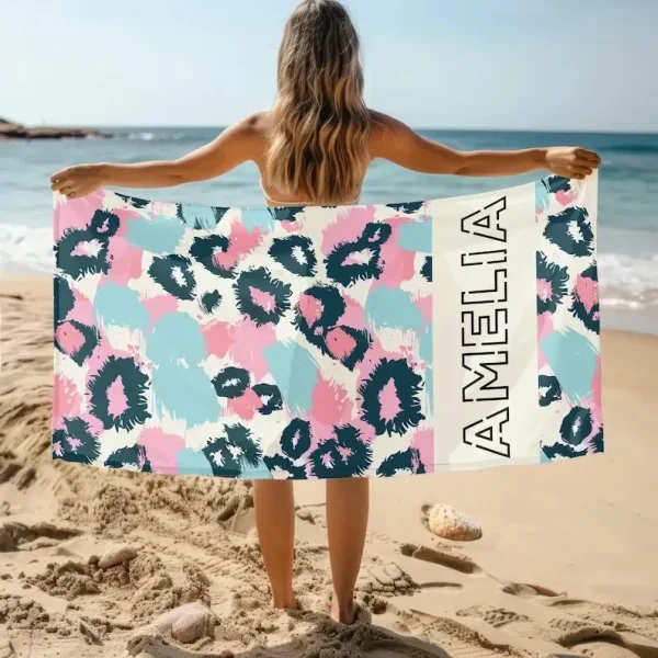 Custom Leopard Name Beach Towel, Personalized Monogram Pool Towel, Signature Beach Towel For Kids, Vacation Gift, Picnic Towel 2