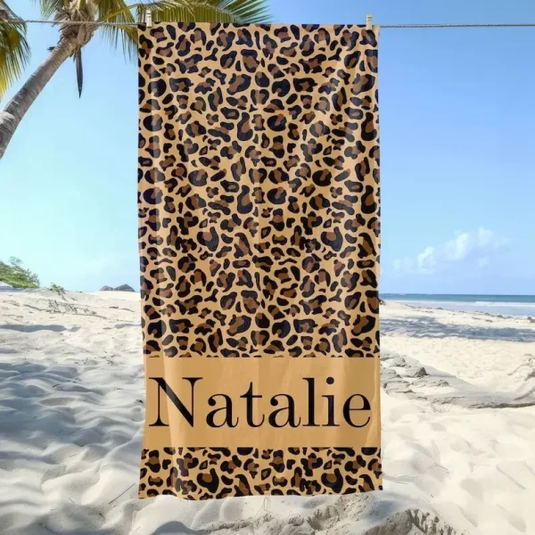 Custom Leopard Name Beach Towel, Personalized Monogram Pool Towel, Signature Beach Towel For Kids, Vacation Gift, Picnic Towel 3