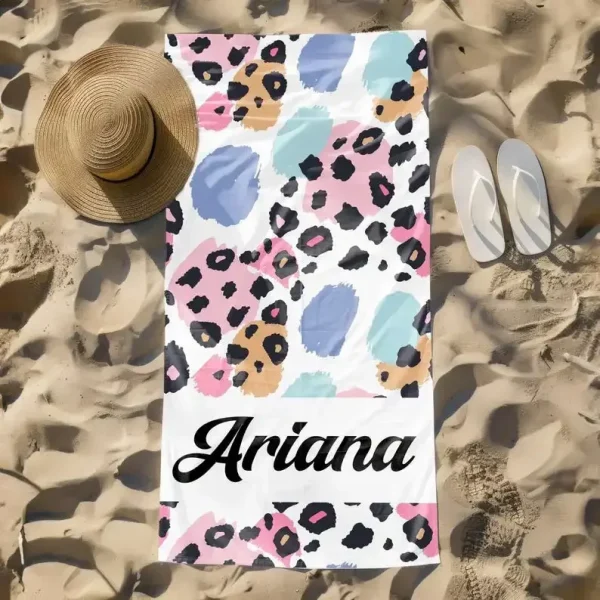 Custom Leopard Name Beach Towel, Personalized Monogram Pool Towel, Signature Beach Towel For Kids, Vacation Gift, Picnic Towel 4