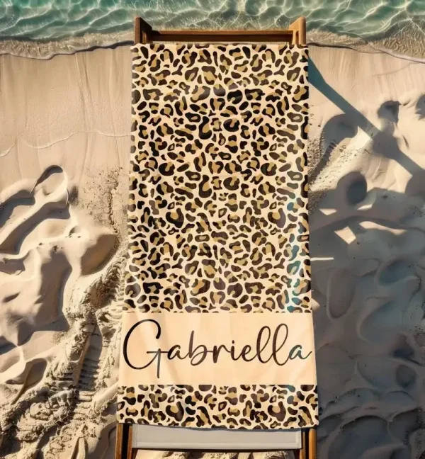 Custom Leopard Name Beach Towel, Personalized Monogram Pool Towel, Signature Beach Towel For Kids, Vacation Gift, Picnic Towel 5