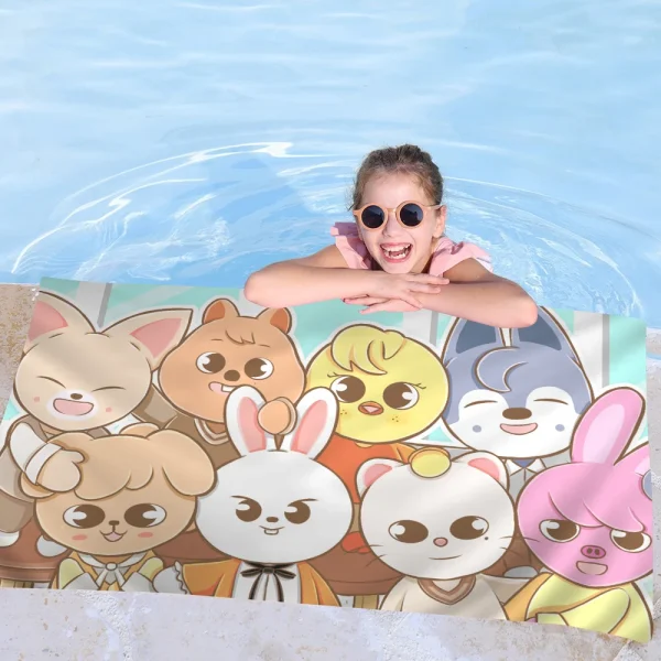 Hot Kpop Stray Kids Skzoo Beach Towel Cartoon Cute Summer Kids Large Bath Pool Beach Towel Microfiber Absorbent Swimming Travel 2
