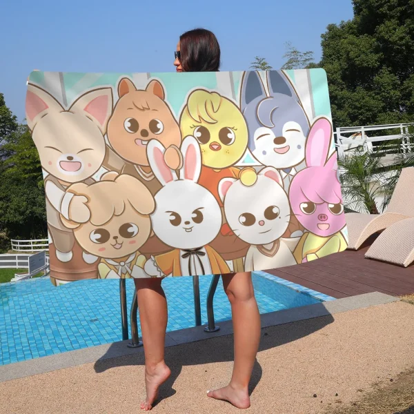 Hot Kpop Stray Kids Skzoo Beach Towel Cartoon Cute Summer Kids Large Bath Pool Beach Towel Microfiber Absorbent Swimming Travel 4