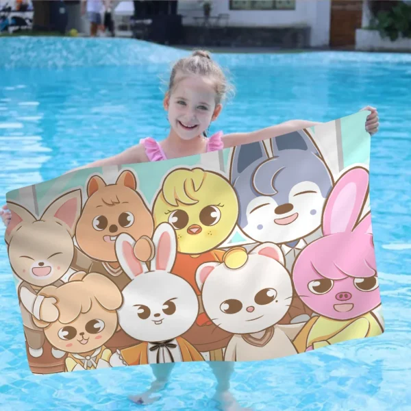 Hot Kpop Stray Kids Skzoo Beach Towel Cartoon Cute Summer Kids Large Bath Pool Beach Towel Microfiber Absorbent Swimming Travel 5