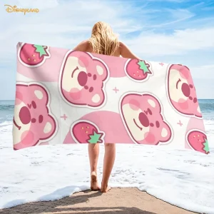 1pc Disney Lotso Bear Beach Quick Dry with Strawberry Flower Cartoon Pattern Soft Rectangular Bath Towel for Pool Beach Bathroom 1