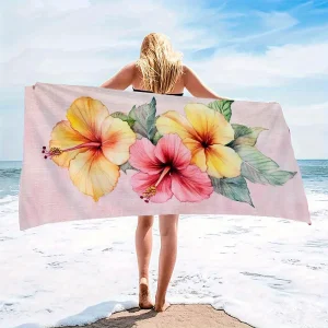 Vibrant Floral Beach Towel Beach Towel Vibrant Soft Pink Hibiscus Design Yoga Swimming Running Beach Pool Yoga Accessory 1
