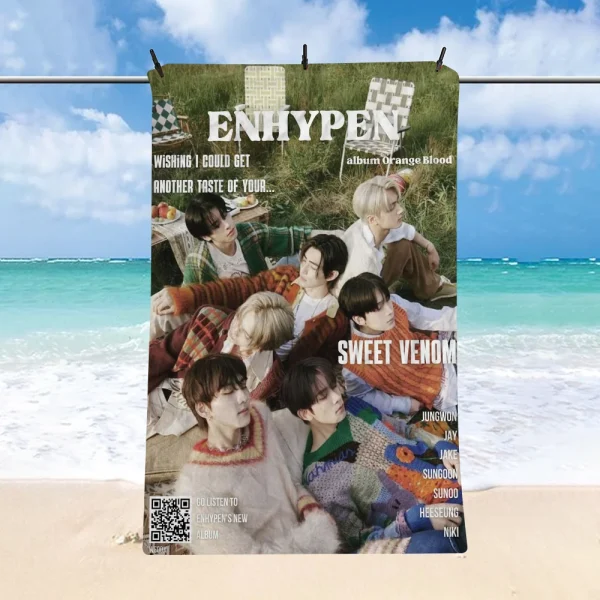 Kpop E-ENHYPENS Microfiber Blanket Quick Drying Beach Towels Oversized Printing Super Absorbent Pool Towel Blanket 3