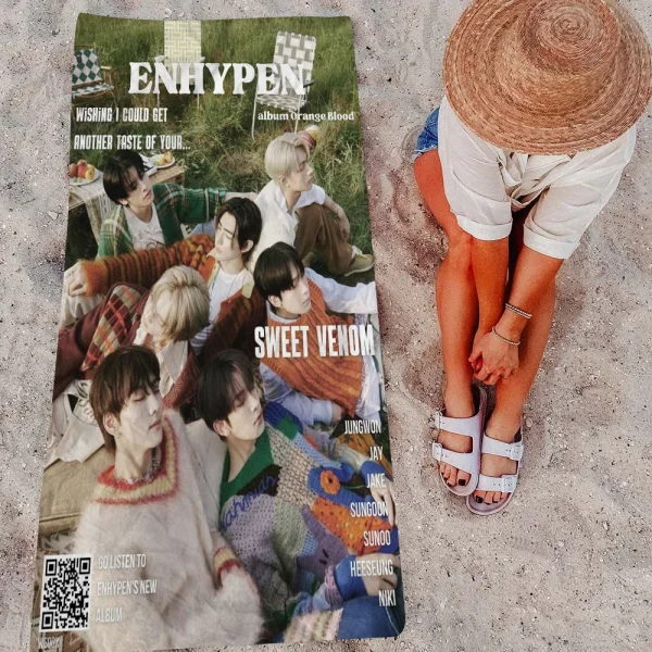 Kpop E-ENHYPENS Microfiber Blanket Quick Drying Beach Towels Oversized Printing Super Absorbent Pool Towel Blanket 4