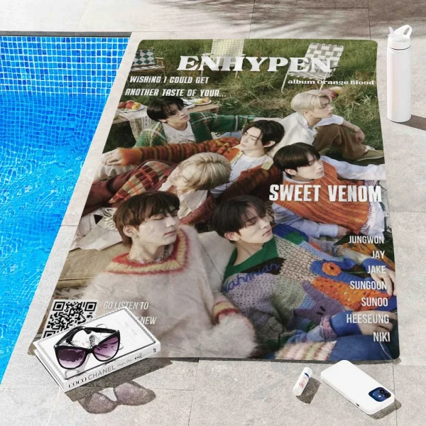 Kpop E-ENHYPENS Microfiber Blanket Quick Drying Beach Towels Oversized Printing Super Absorbent Pool Towel Blanket 6