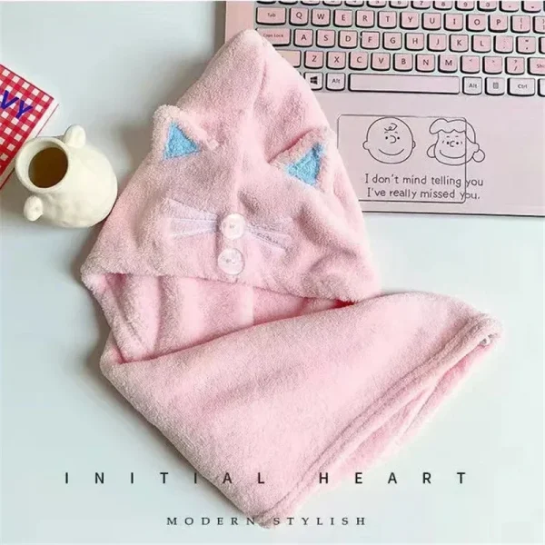 Cute Cat Hair Cap Microfiber Hair Towel Long Hair Quick Dry Hat Bath Towel Strong Water Absorbent Women Wrap Wiping Hair Towel 5