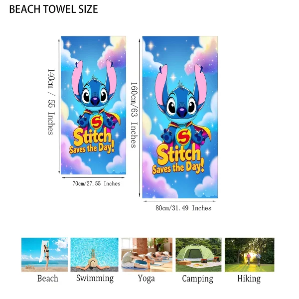 1pc Disney Beach towel Stitch Cartoon pattern elements Ultra-Absorben Windproof & Sun-Protective-Ideal for Beach Travel Camping 5